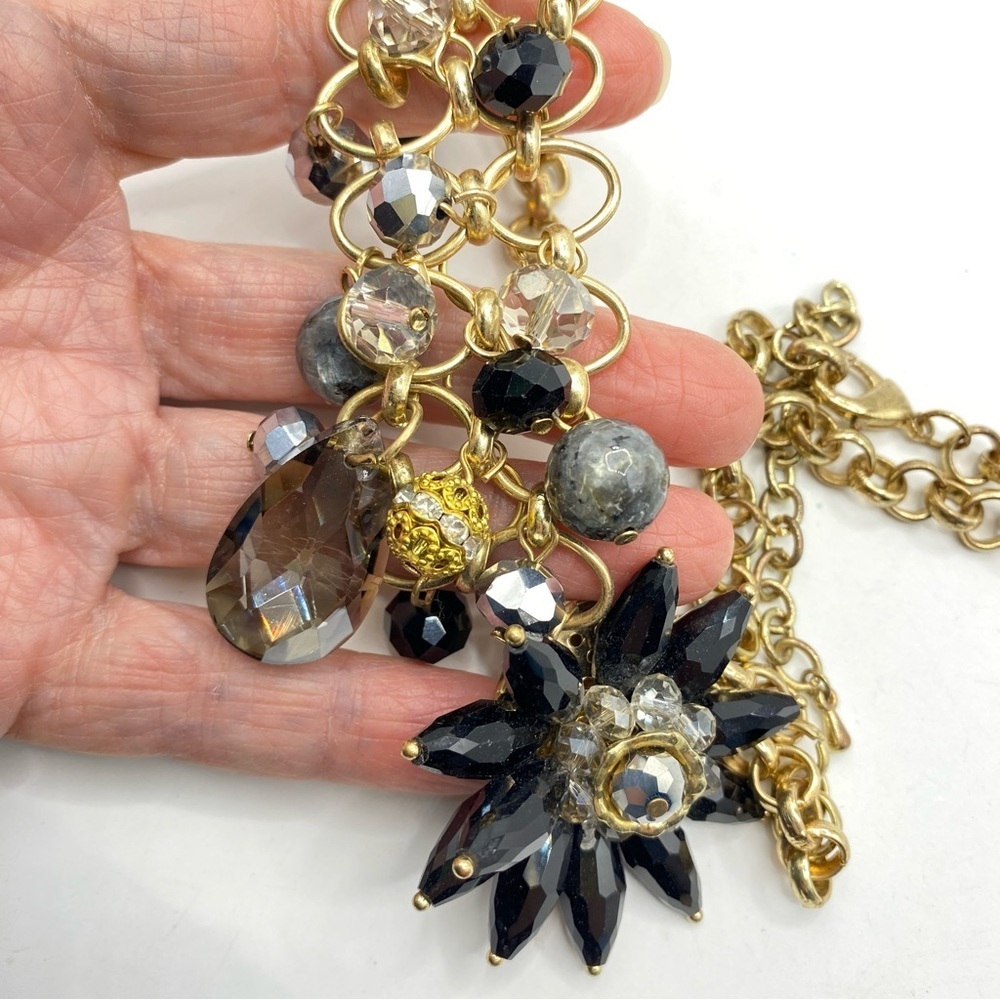 Goldtone & Black Glass Beads Statement Necklace - Picture 5 of 8